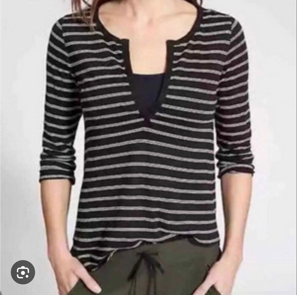 Athleta Women's Striped Zephyr Quarter Sleeve Linen Top Black White S NEW